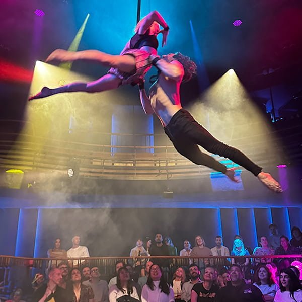 Cast members performing circus-inspired act at Sophie's Surprise 29th Soho venue