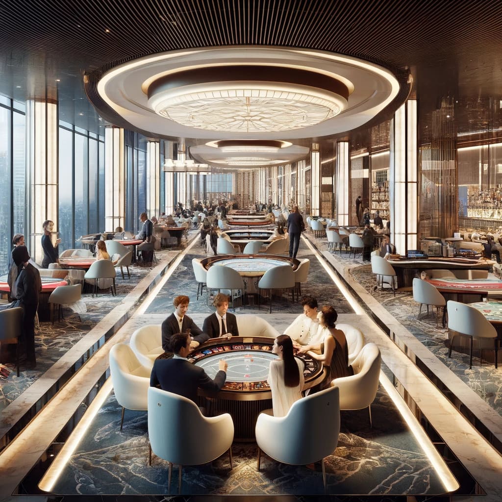 Present-day casino venue Modern London casino floor with contemporary gaming tables and sophisticated décor