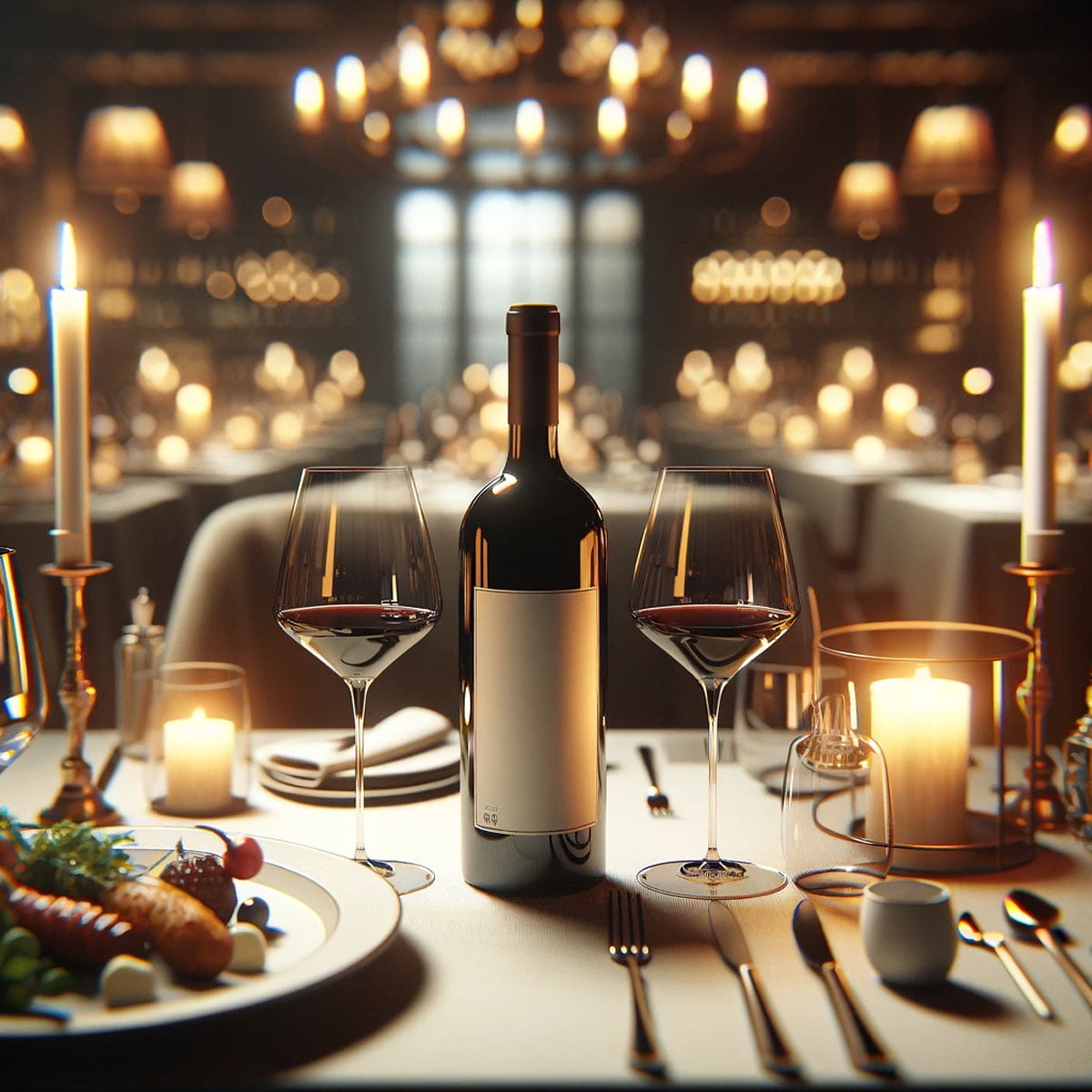 Wine and food pairing example Wine glass paired with food on a dining table showcasing low-sulphite wine pairing