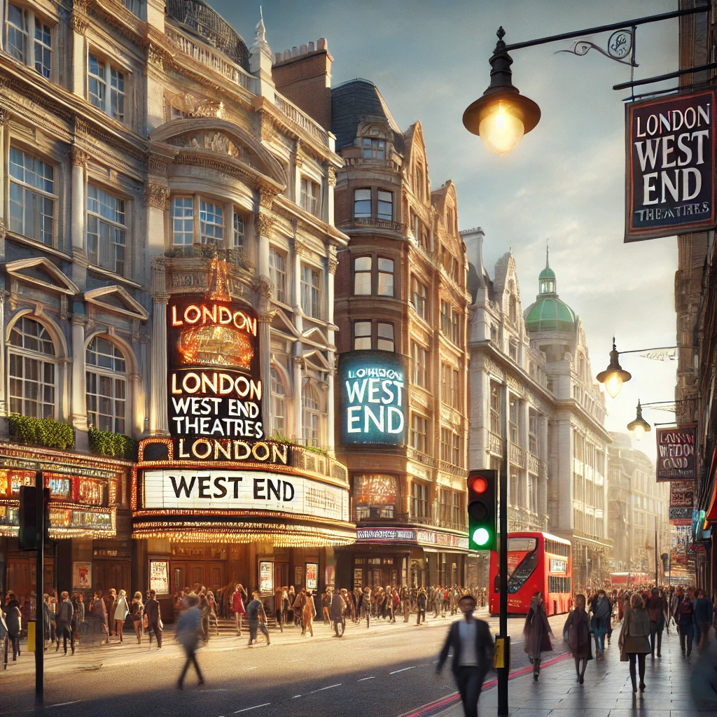 London's vibrant theatre district West End theatre district in London with illuminated marquees and bustling evening crowds