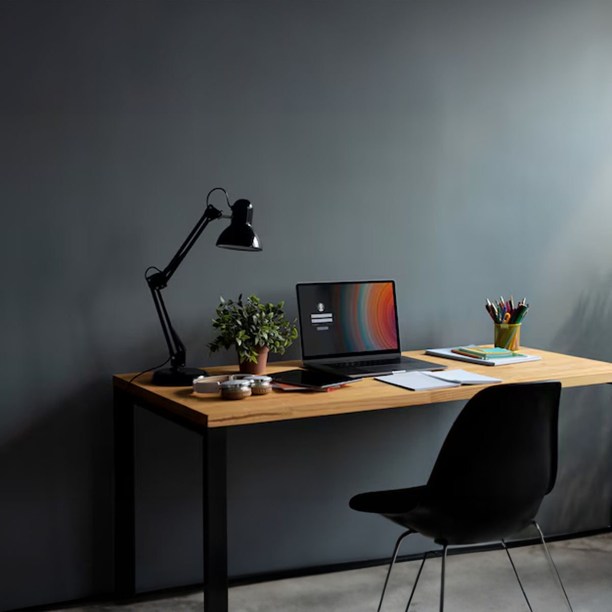 Ergonomic furniture configuration Ergonomic office chair and desk arrangement for comfortable remote working