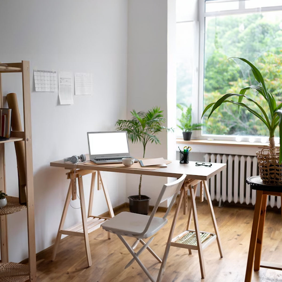 Natural light workspace setup Home office workspace with desk, chair, and window providing natural light