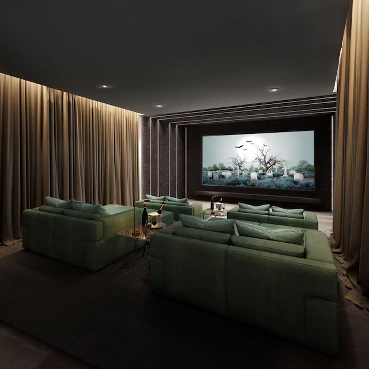 Theatre-inspired home setting Sophisticated Soho venue showcasing West End theatre aesthetic suitable for virtual performance viewing