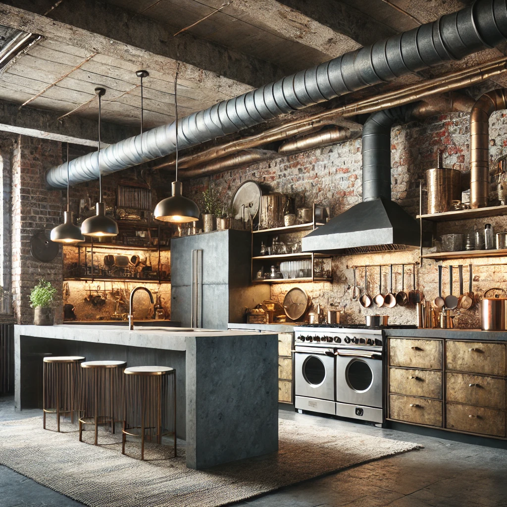 Raw industrial kitchen Industrial chic kitchen featuring raw materials, exposed elements and edgy aesthetic with metal accents