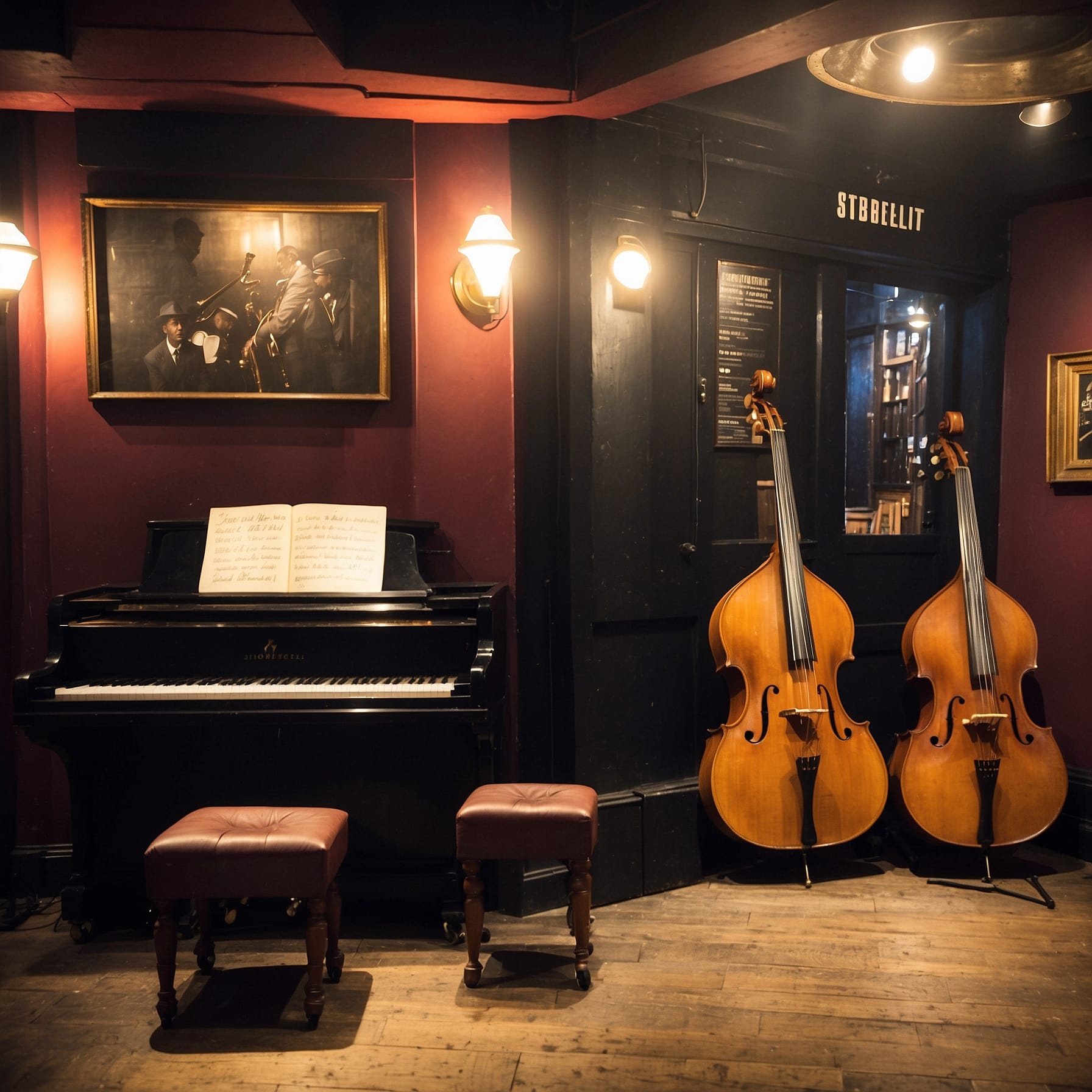Jazz club interior with stage lighting and audience seating at Ronnie Scott's