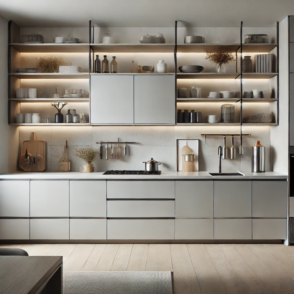Integrated modern kitchen Contemporary kitchen showcasing integrated appliances and streamlined cabinetry in whites and greys