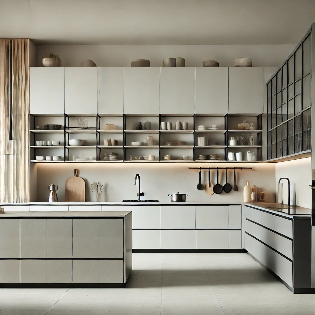 Sleek minimalist design Modern minimalist kitchen with clean lines and neutral colour palette featuring handle-less cabinets