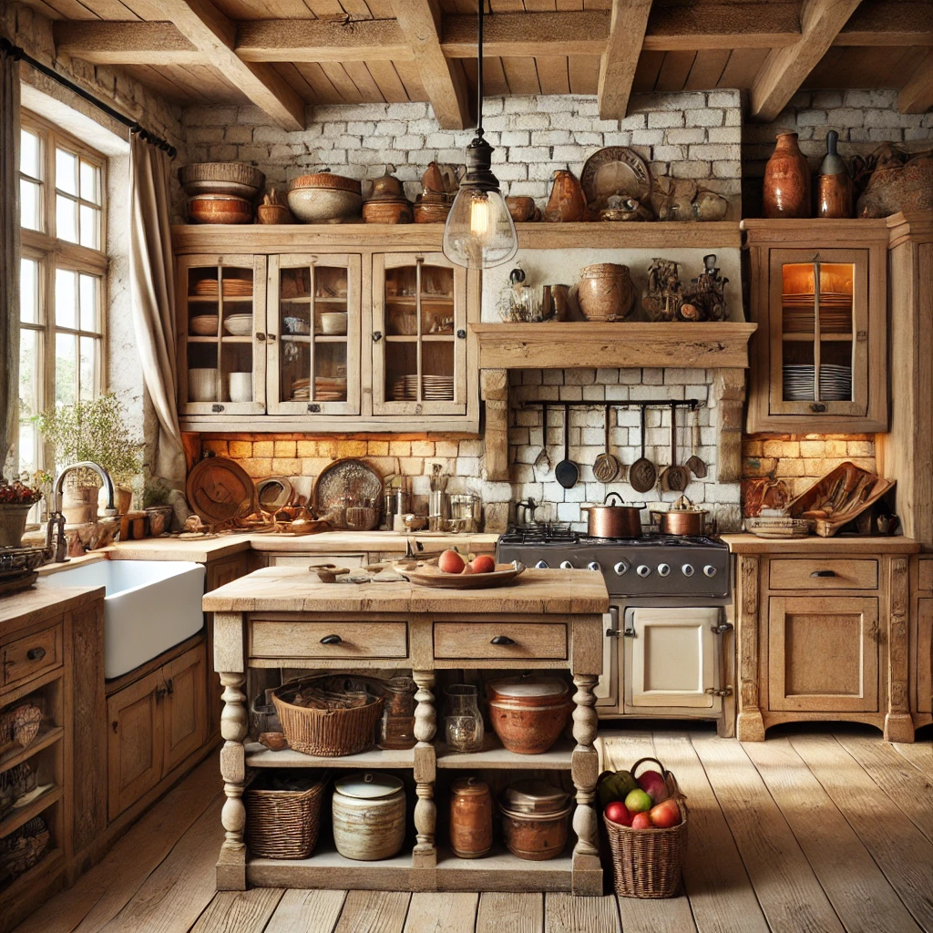 Farmhouse charm kitchen Country-style kitchen featuring reclaimed wood, vintage fixtures and farmhouse sink with contemporary faucet