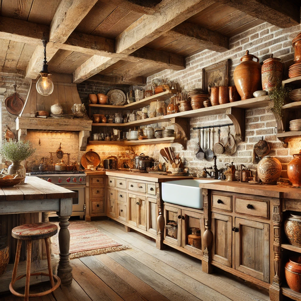 Warm rustic aesthetic Rustic charm kitchen displaying natural wood elements and warm earthy tones with open shelving