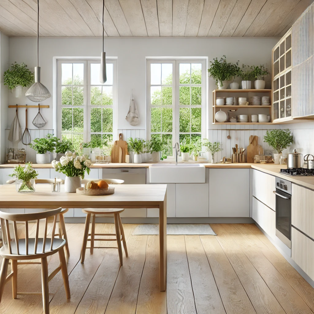 Nature-connected Nordic style Scandinavian-inspired kitchen with plants, greenery and connection to nature throughout the space