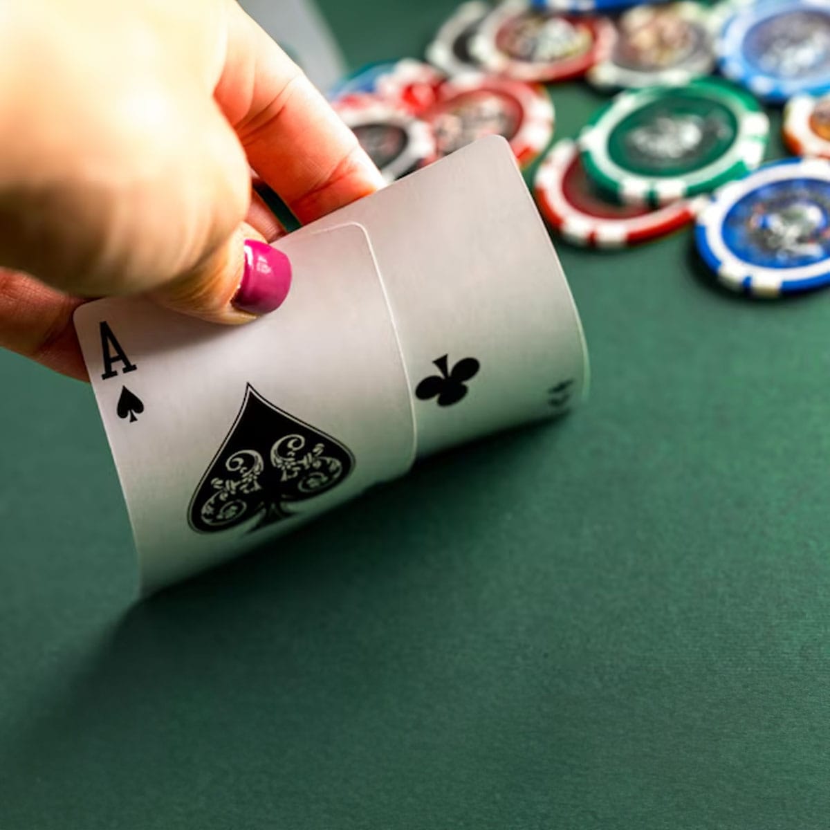 Blackjack table setup Casino gaming table with cards and chips for blackjack play