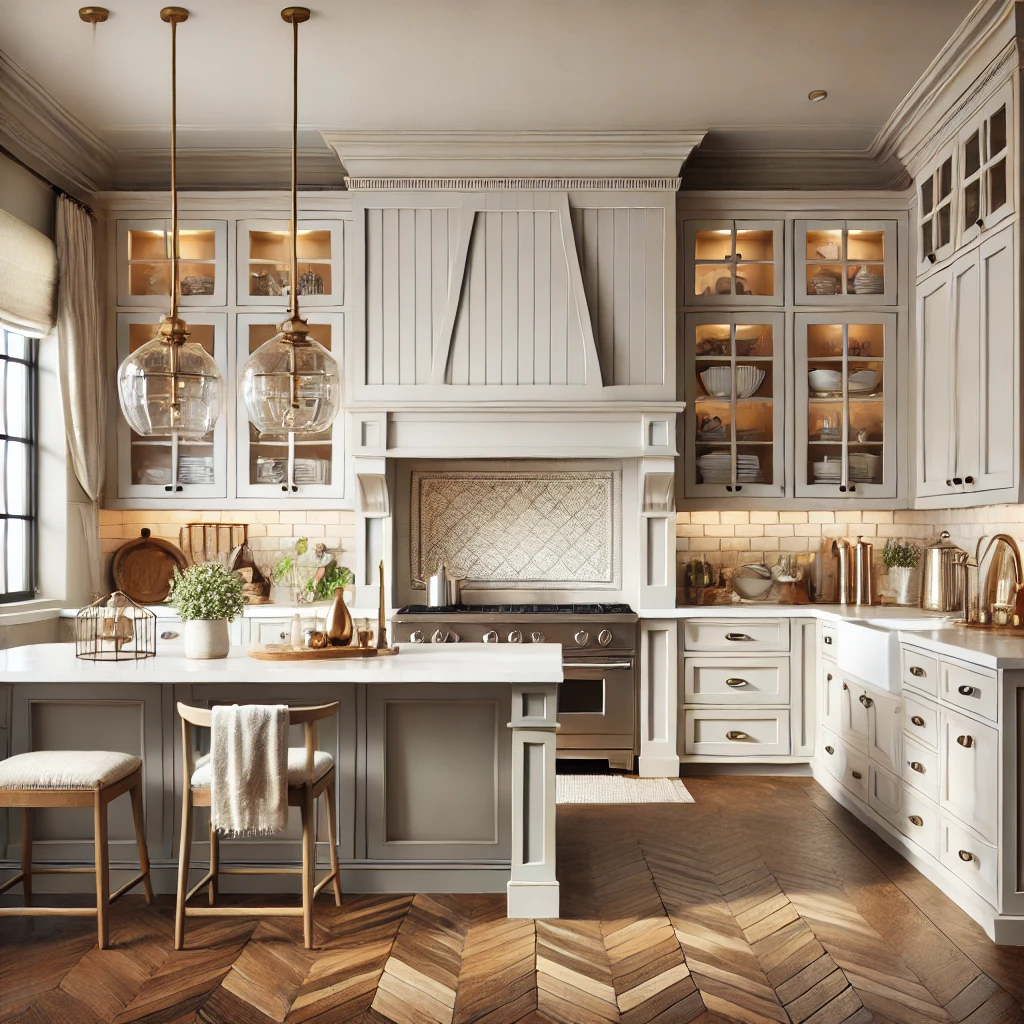 Timeless transitional design Transitional elegance kitchen blending traditional and contemporary styles with warm lighting and textured details