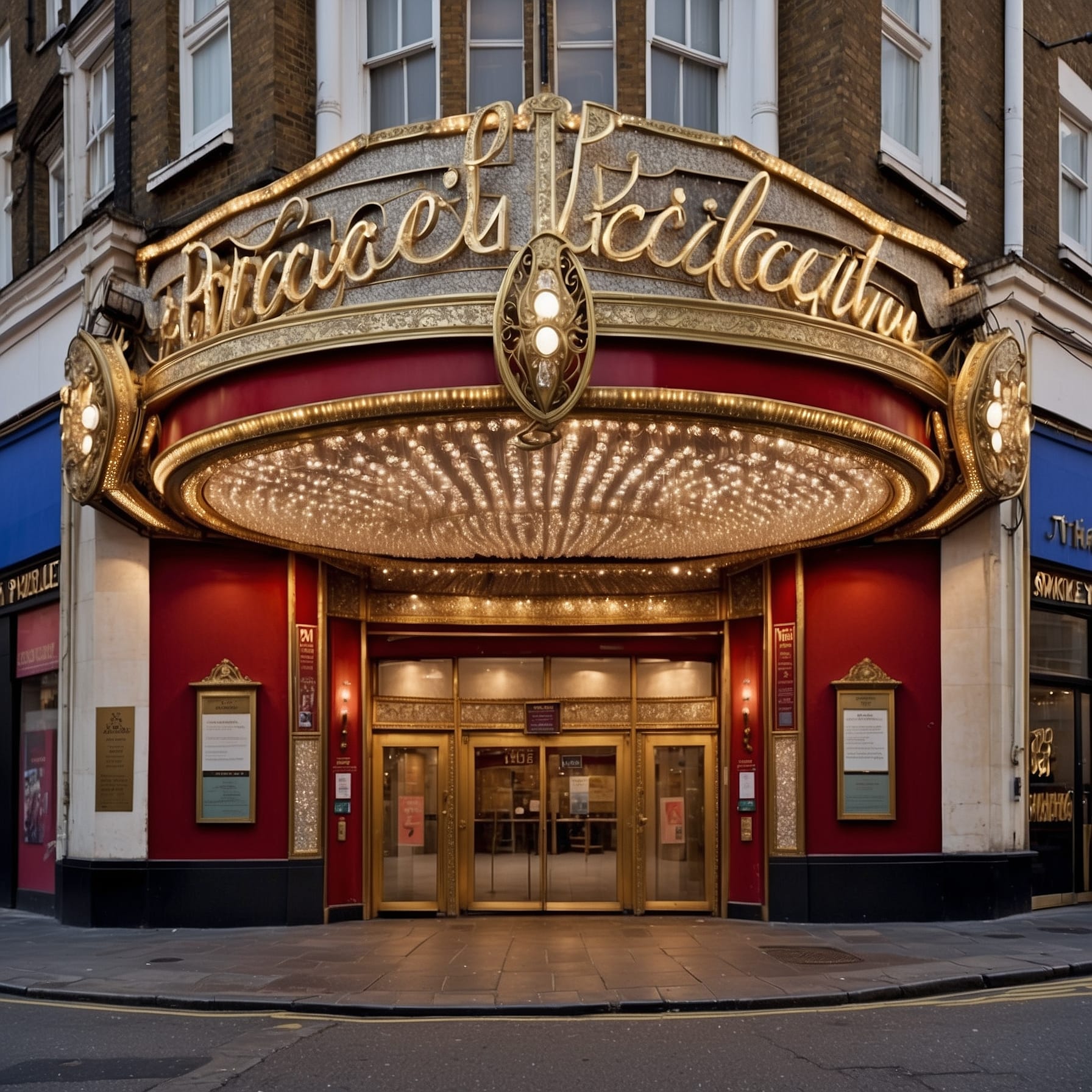 Theatre entrance with marquee signage in Soho's West End district