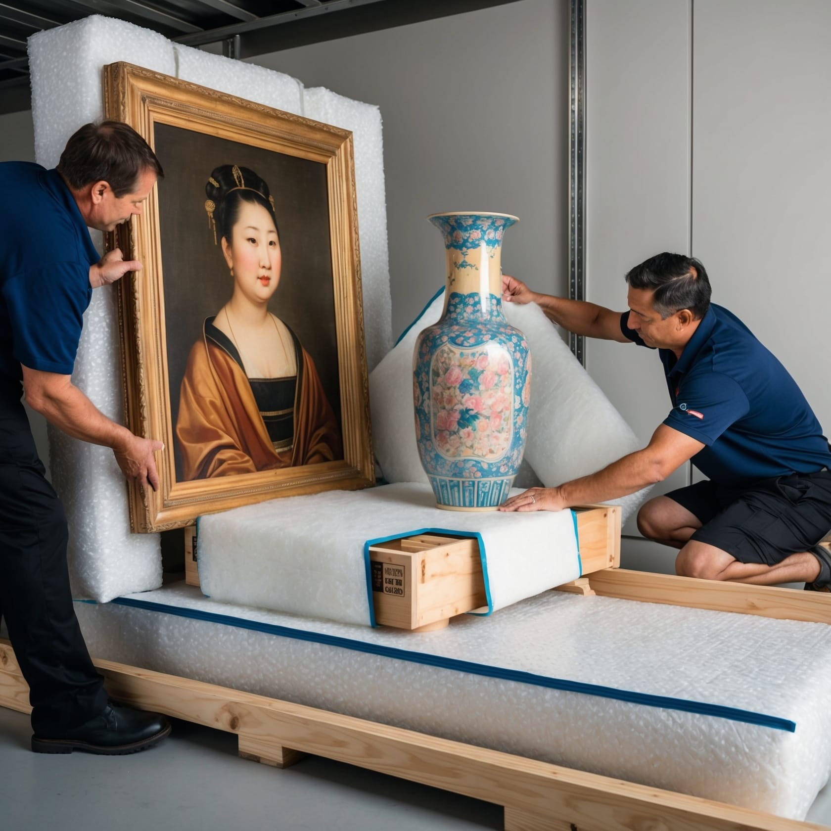 Experienced art movers carefully handling and packing valuable artwork pieces