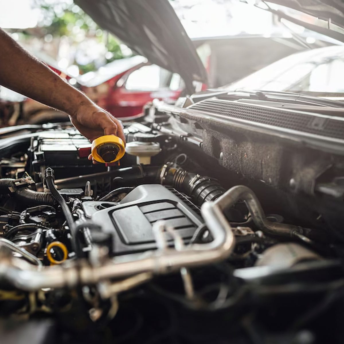 Car engine oil bottle and dipstick showing proper lubrication maintenance