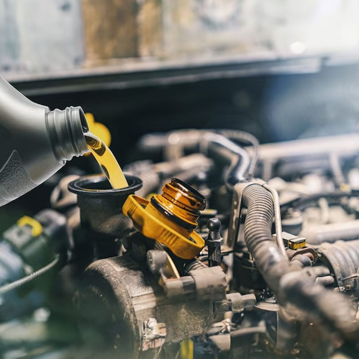 Mechanic performing scheduled car oil change service on vehicle