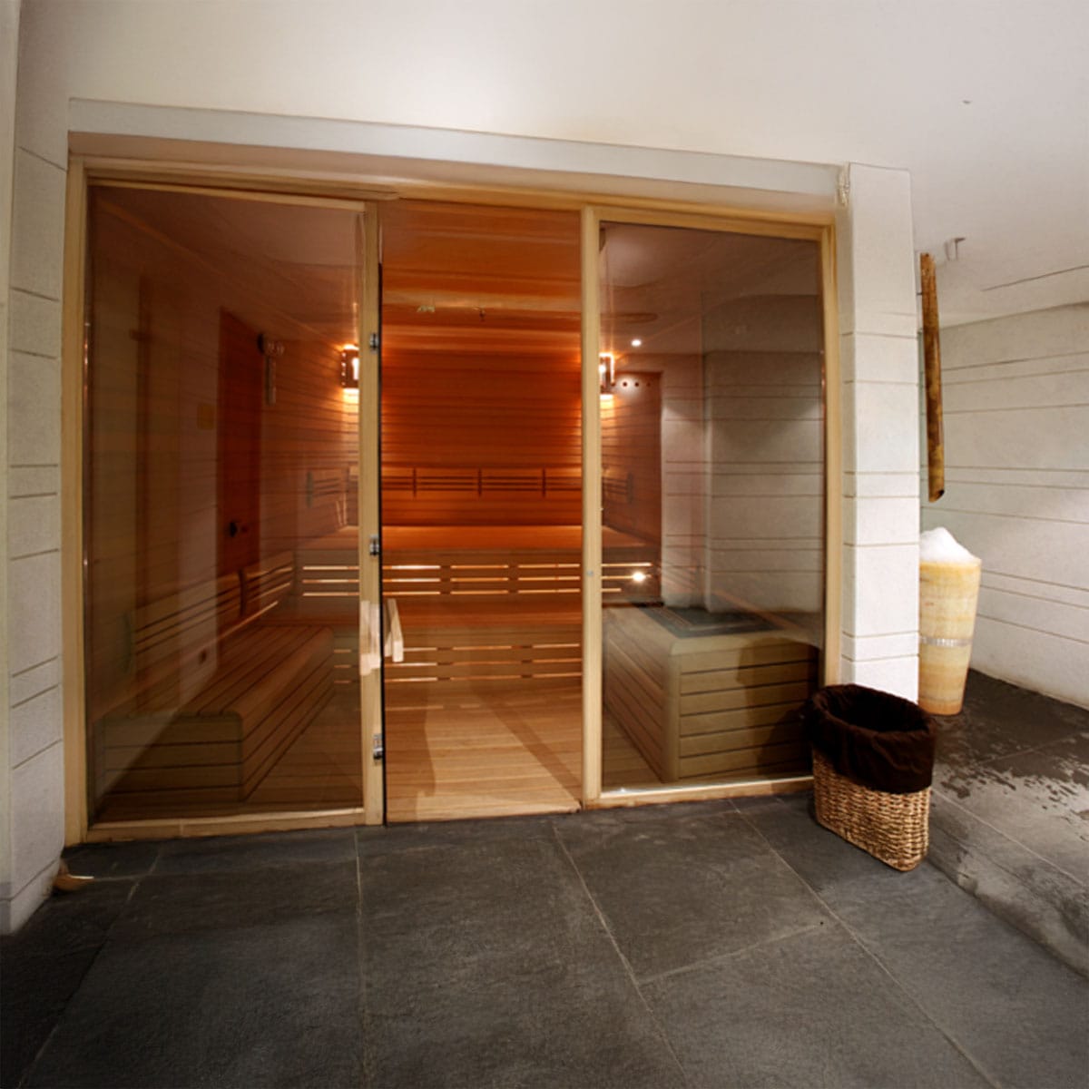 Bathroom sauna design Luxury home sauna installation in modern bathroom setting with wooden interior