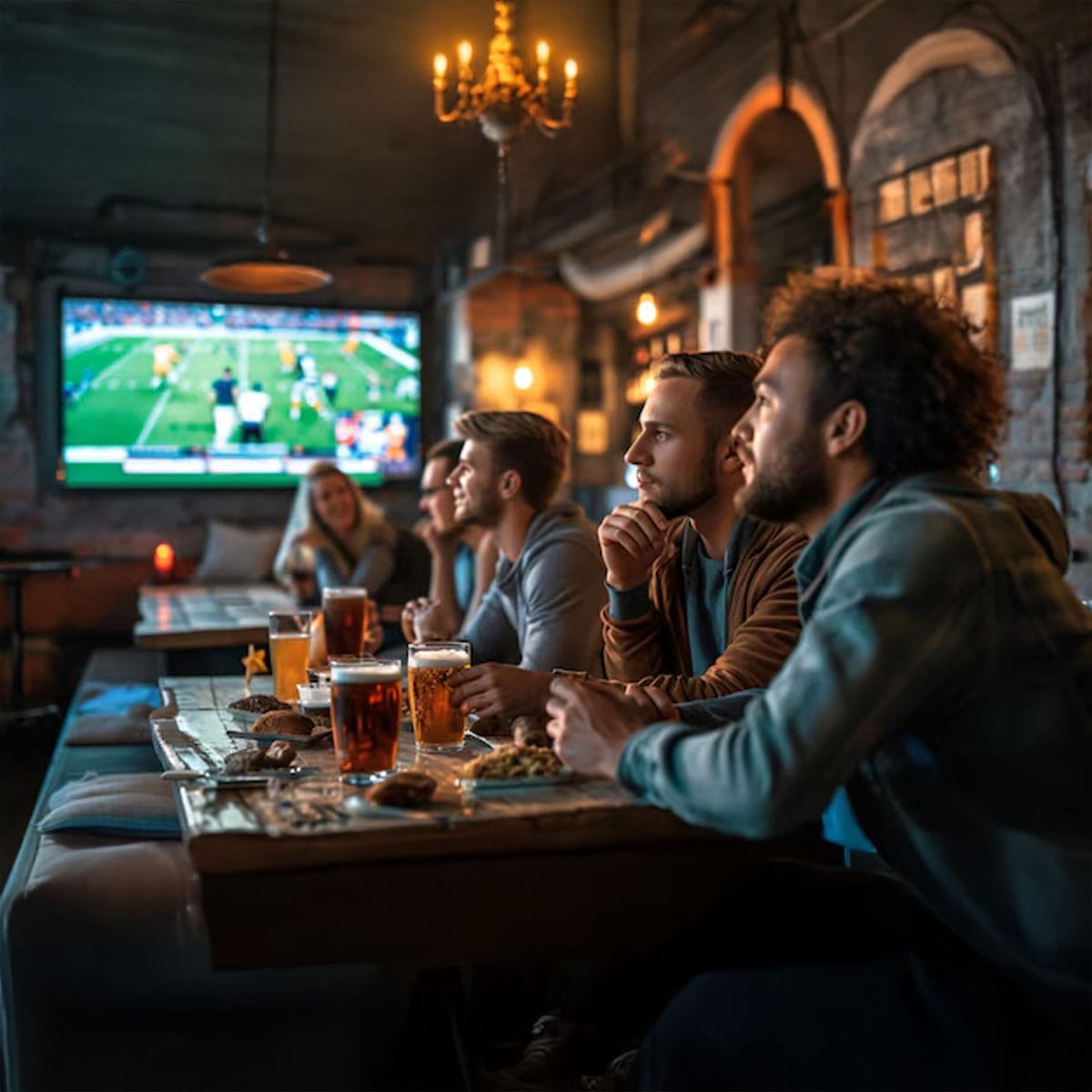 Vibrant sports bar ambiance Soho sports bar interior with atmospheric décor and patrons watching game