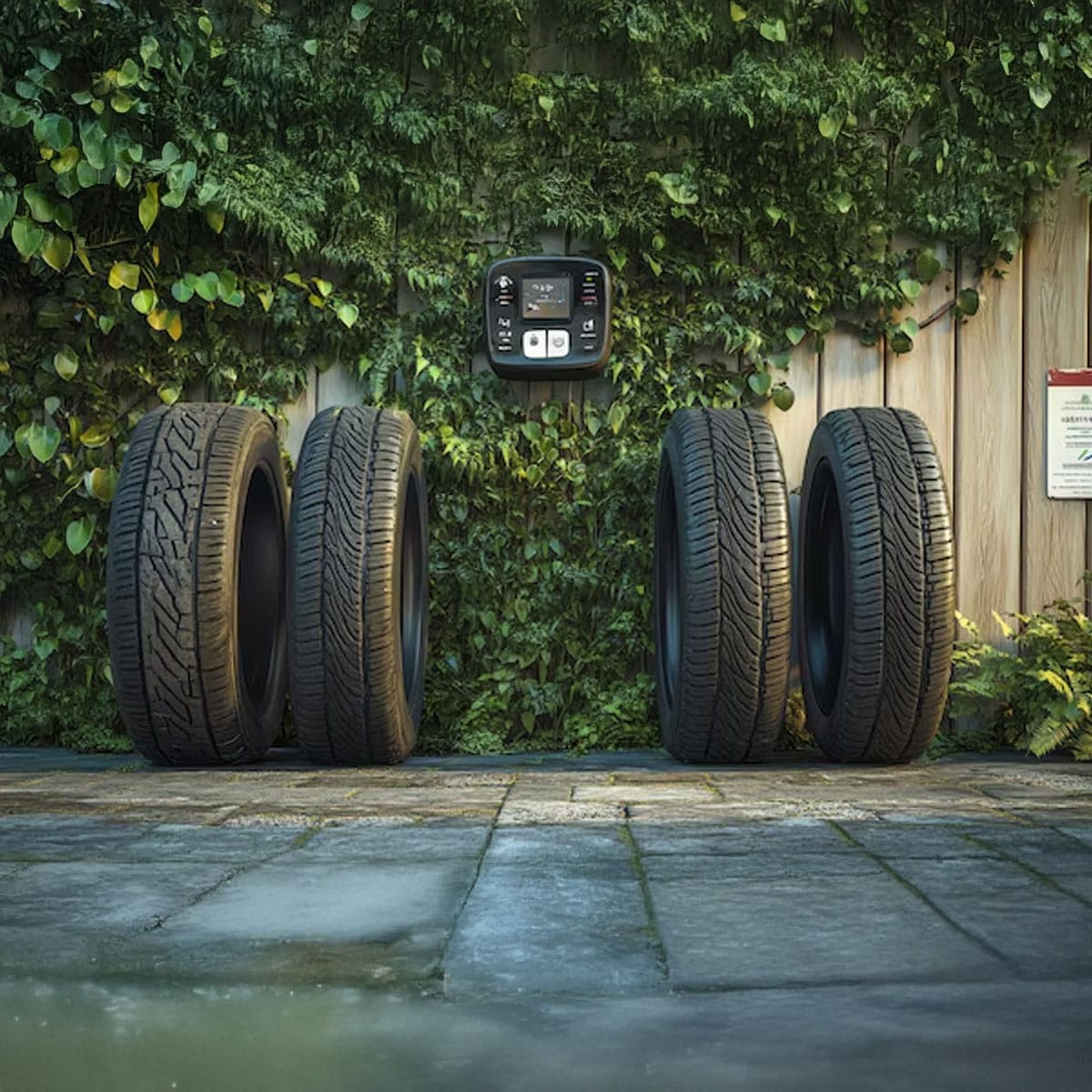 Mobile tyre fitting technician with professional equipment servicing electric vehicle on location