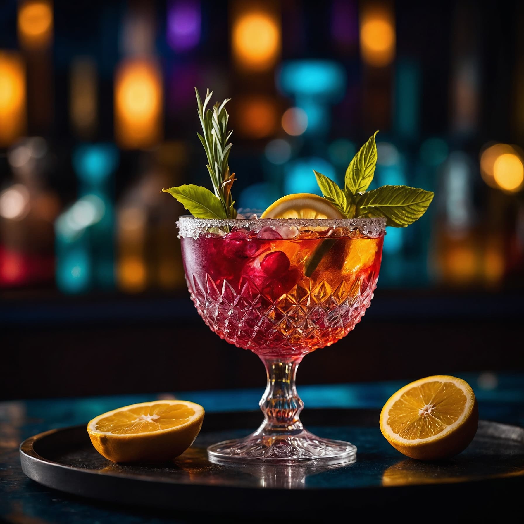 Colourful cocktails served in glasses at a Soho bar counter after dinner