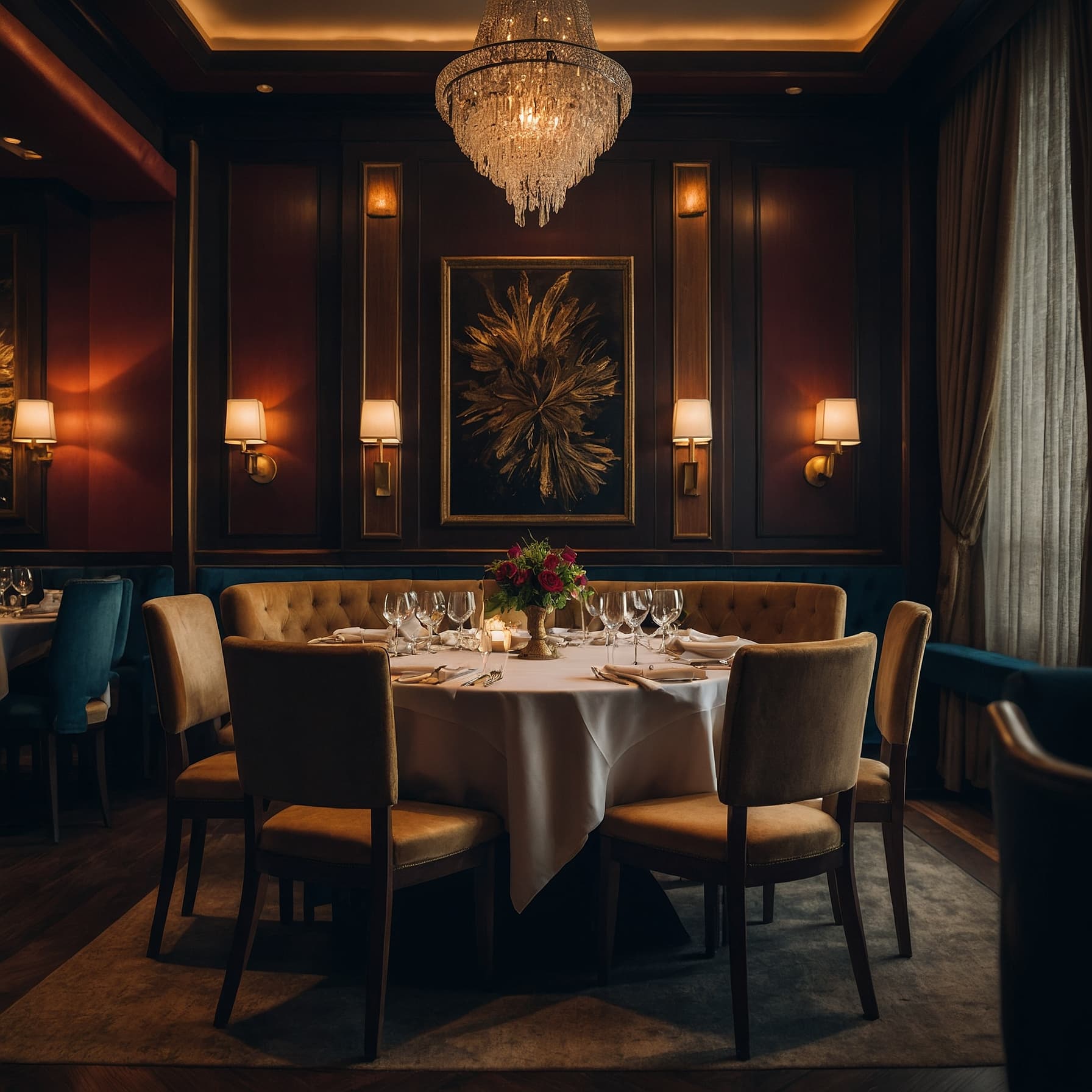 Elegantly plated fine dining meal with wine glass on restaurant table