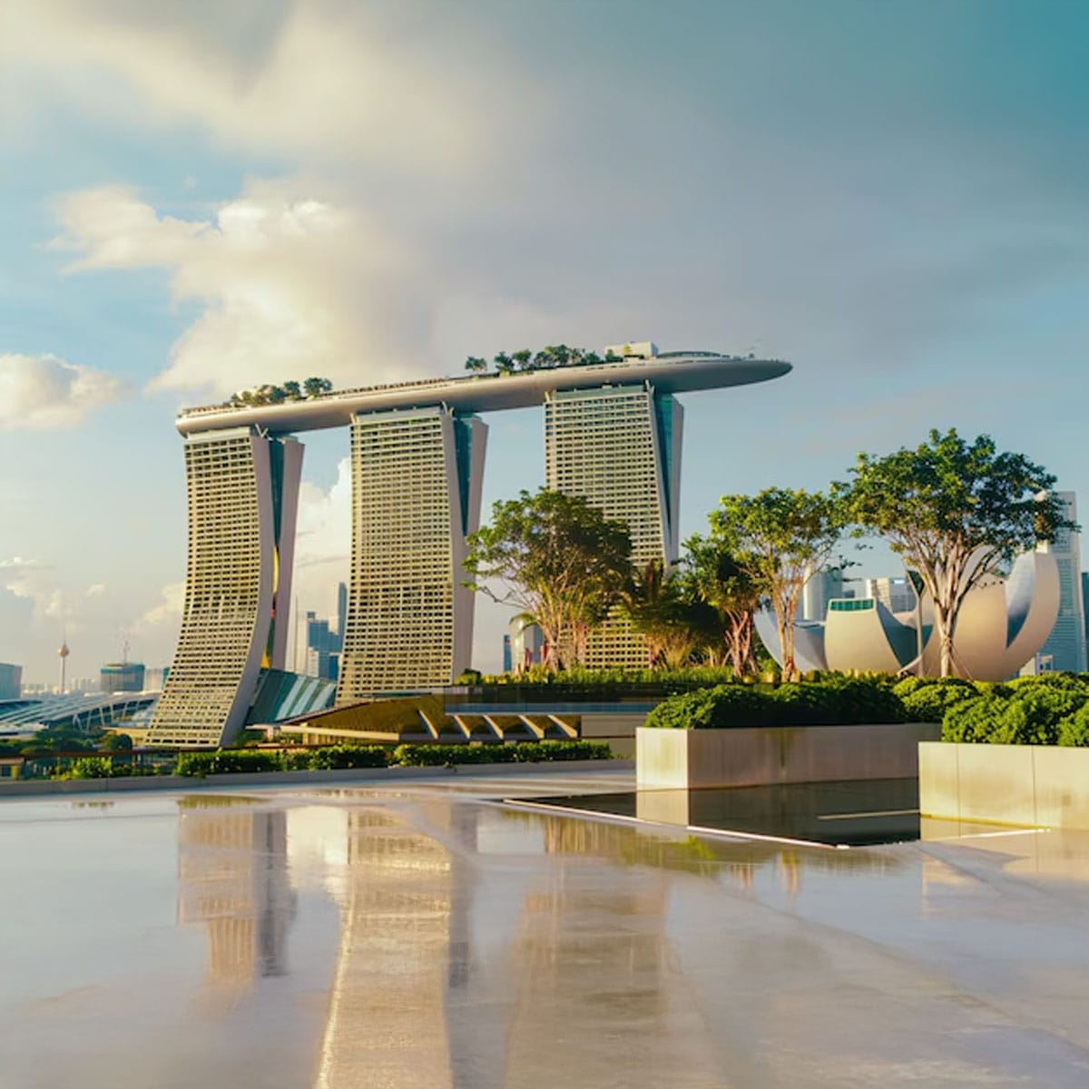 Marina Bay Sands Singapore's distinctive three towers with rooftop pool architectural feature