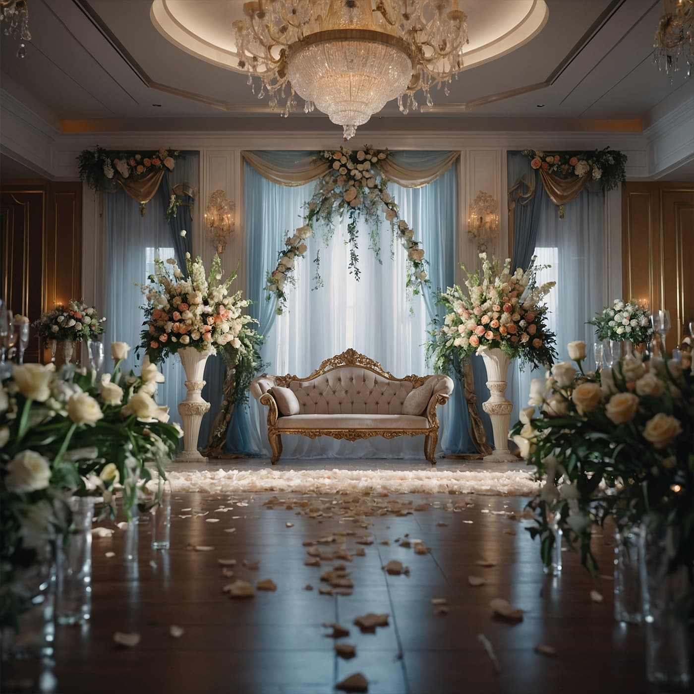 Polished indoor reception space Refined wedding room interior with professional decorations and ambient lighting