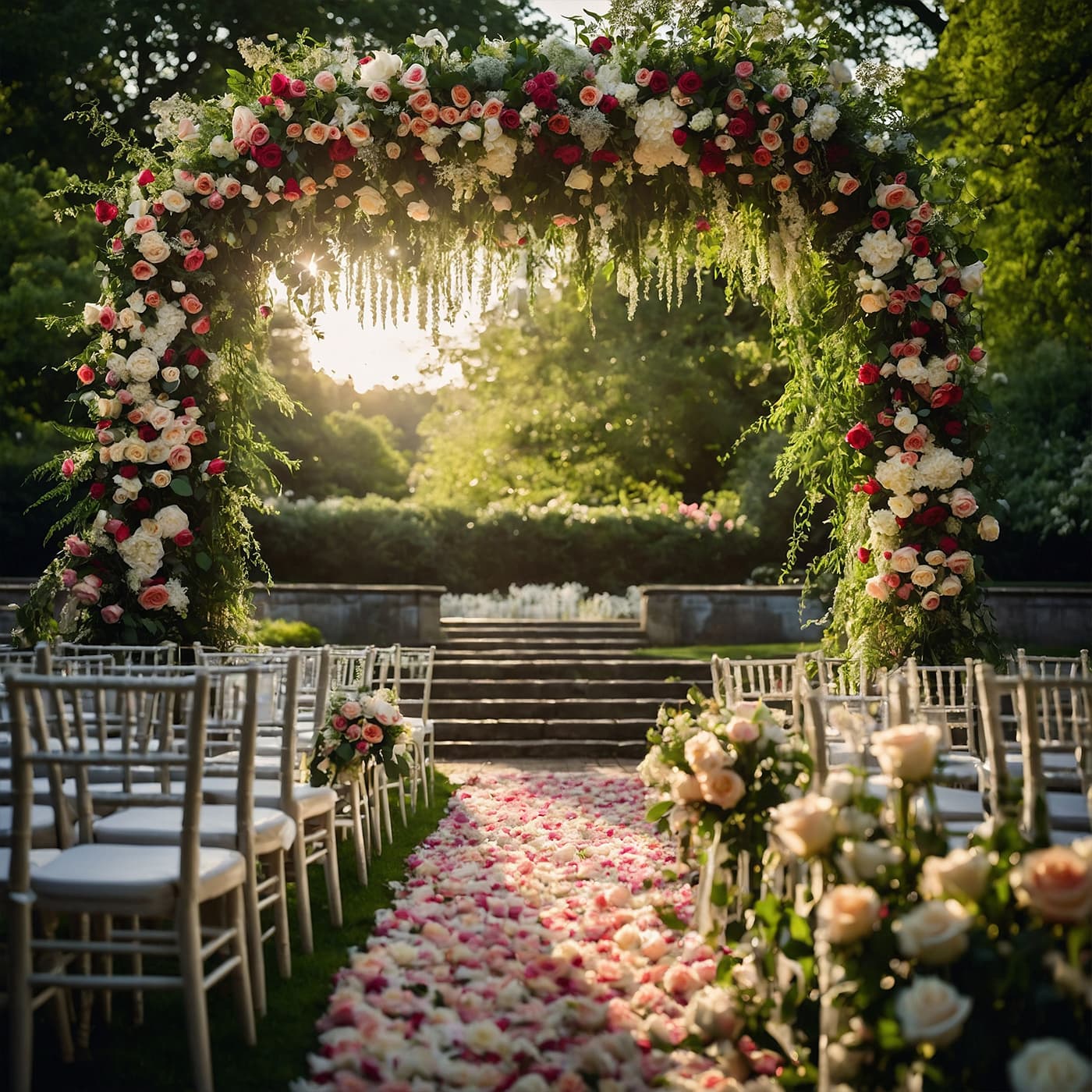 Professional park venue styling Elegant outdoor wedding venue decorated with floral arrangements and lighting fixtures