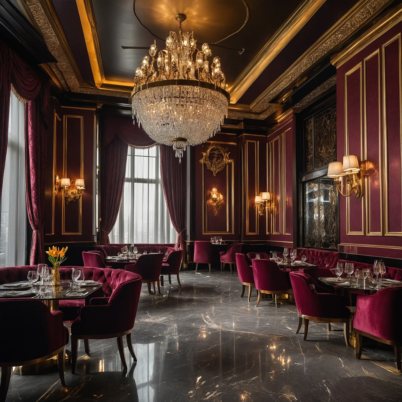 Fine dining restaurant interior with signature dishes and sophisticated plating presentation