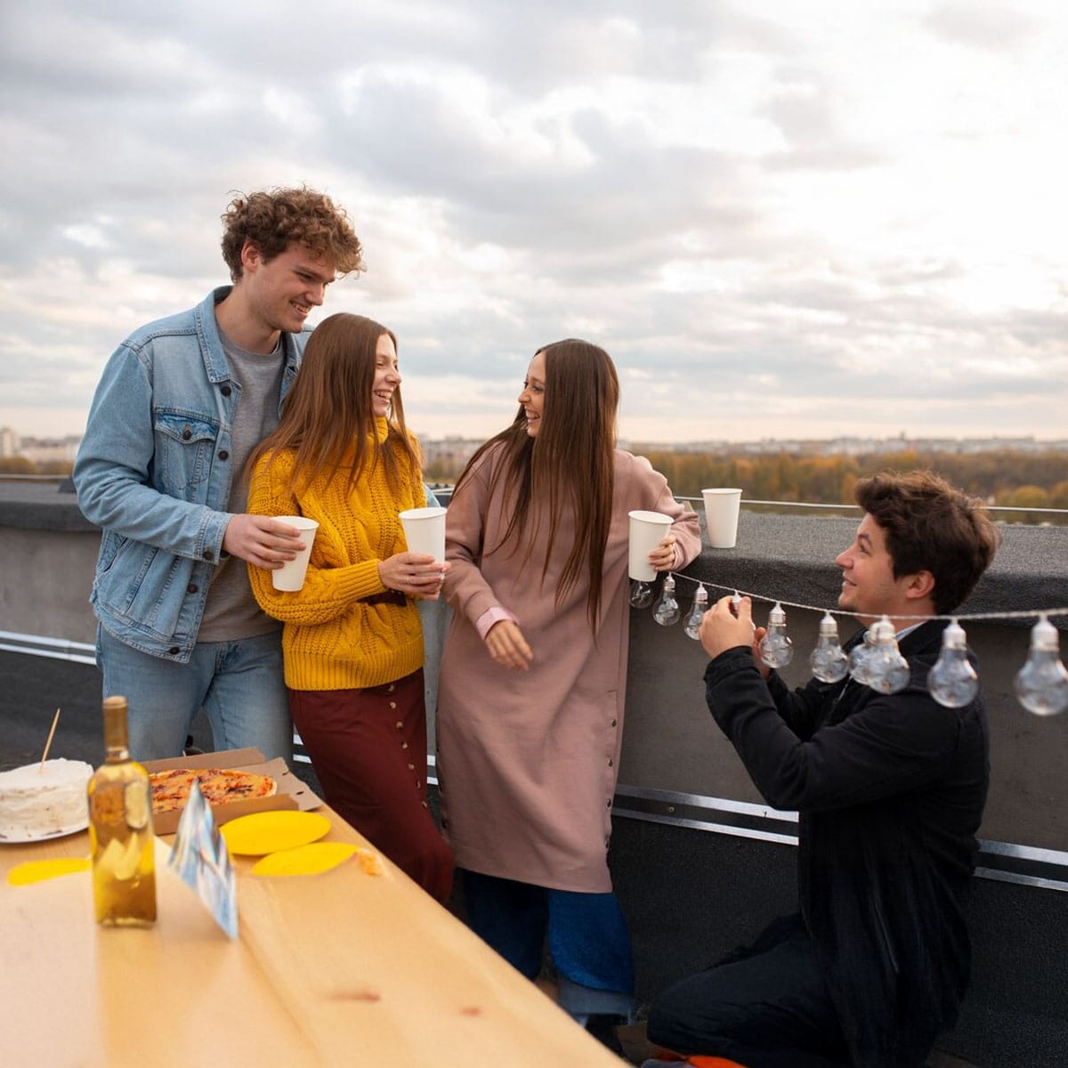 DJ equipment and speakers set up for rooftop party entertainment