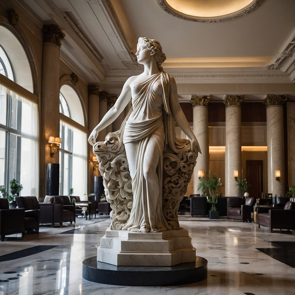 Contemporary art installation displayed in a hotel lobby creating an engaging atmosphere