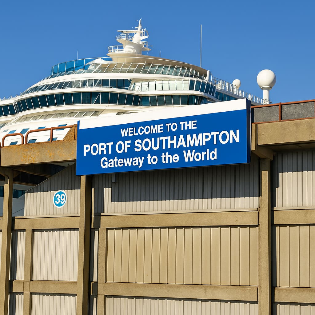 Southampton harbour with cruise ships docked at the busy port terminal