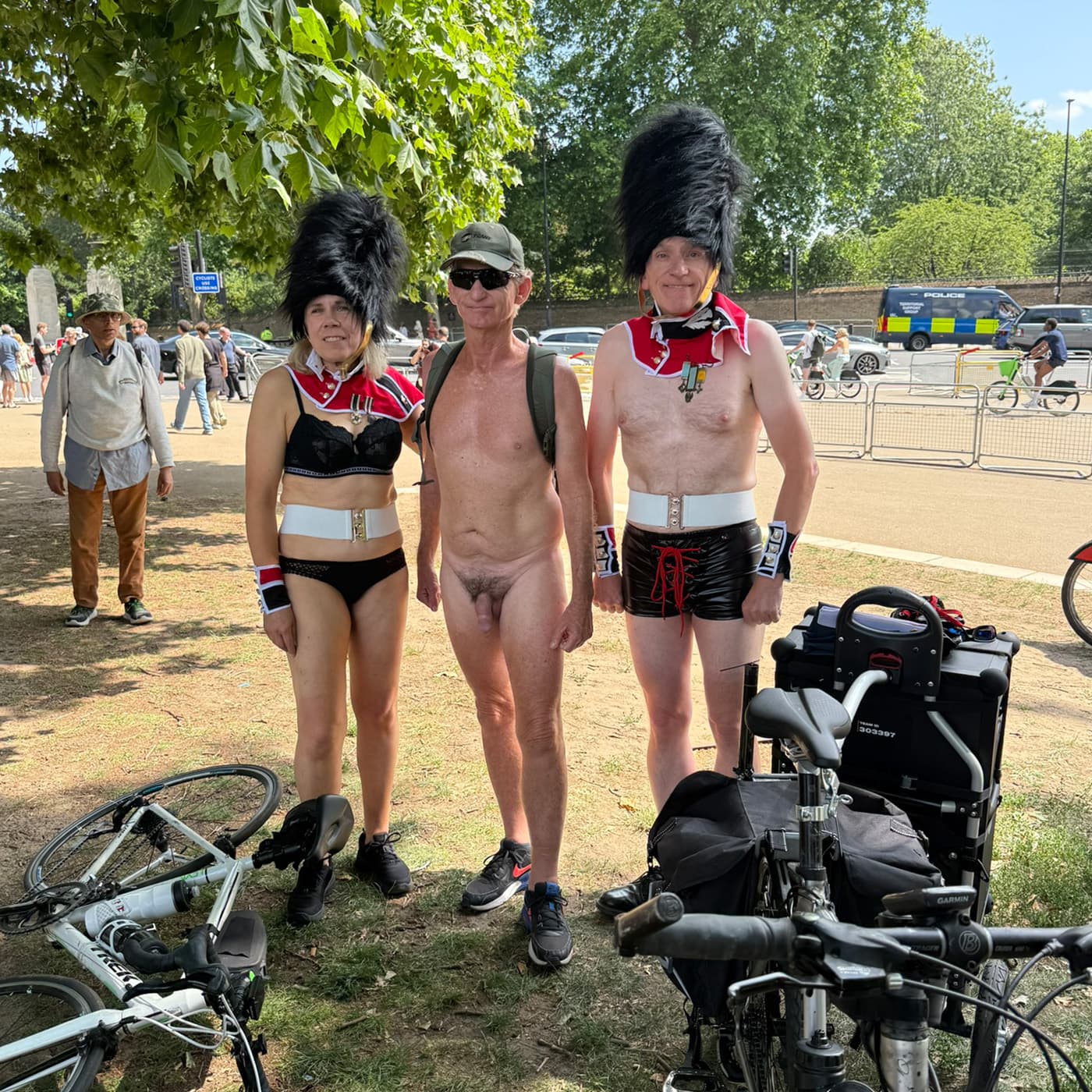 Collective naked protest moment Naked cyclists gathered together during June Pride Month protest ride in London