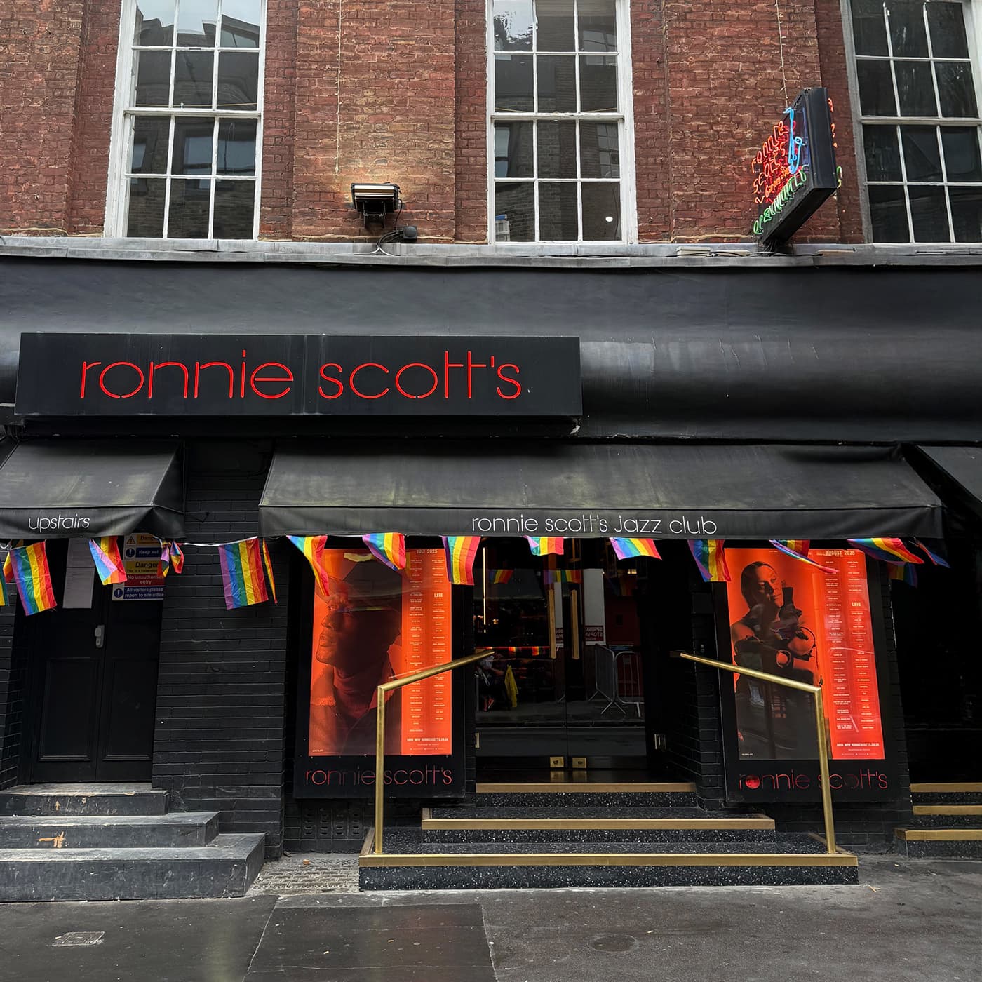 Iconic Soho venue exterior Ronnie Scott's jazz club entrance on Frith Street in Soho, London