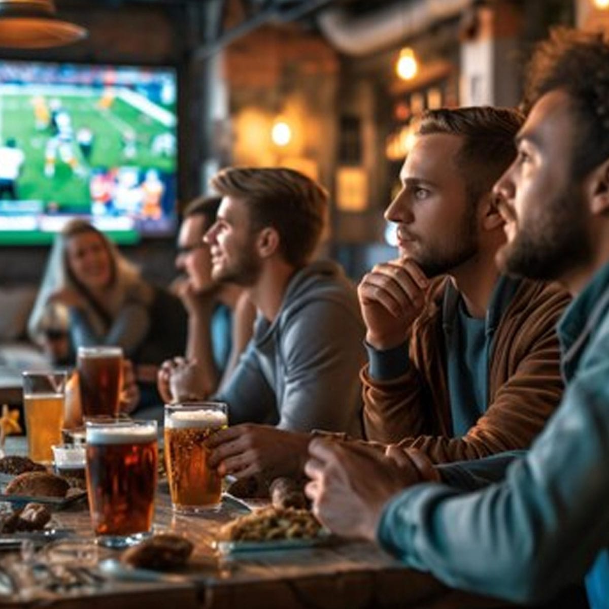 Live betting action in Soho Soho sports bar patrons placing bets on live football match displayed on large screen