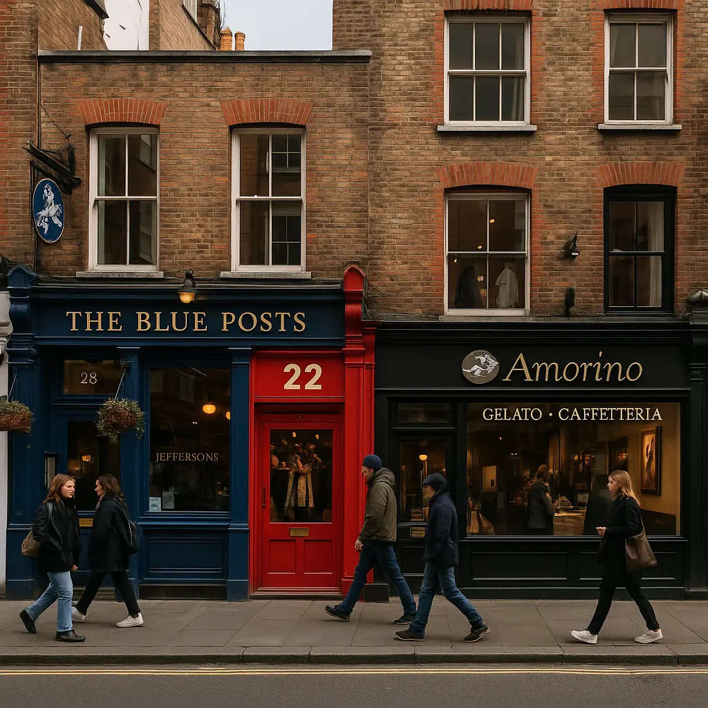 Colourful independent shop fronts lining a Soho street with vintage displays