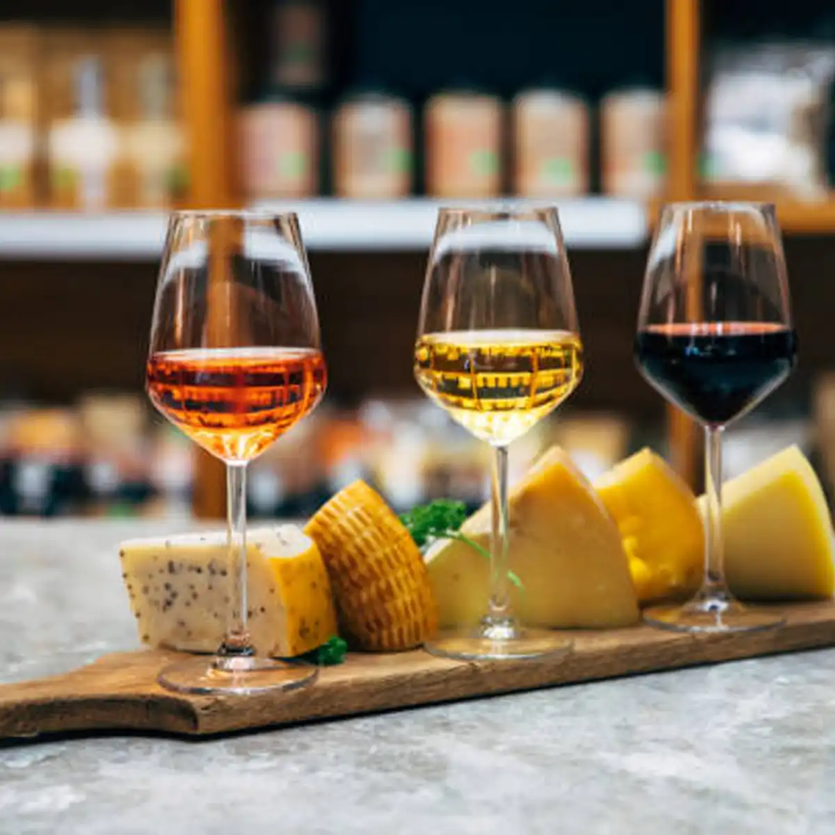 Roquefort cheese paired with golden Sauternes wine in elegant glassware