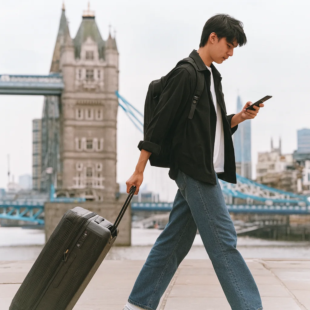 Solo traveller with backpack standing at London Bridge overlooking the Thames