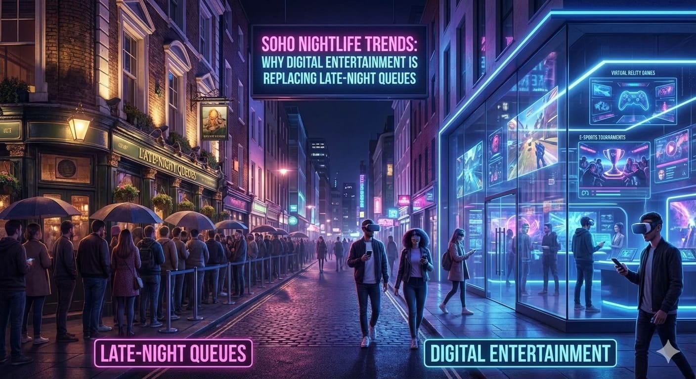 Soho street scene showing historic pubs and modern bars lining narrow London streets
