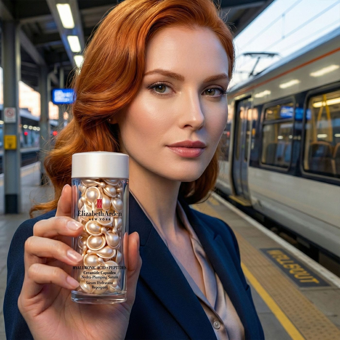 Professional woman with radiant glowing skin during London commute