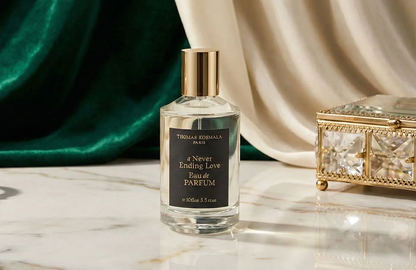Designer perfume presentation Parisian-inspired perfume bottle with botanical elements and sophisticated packaging design