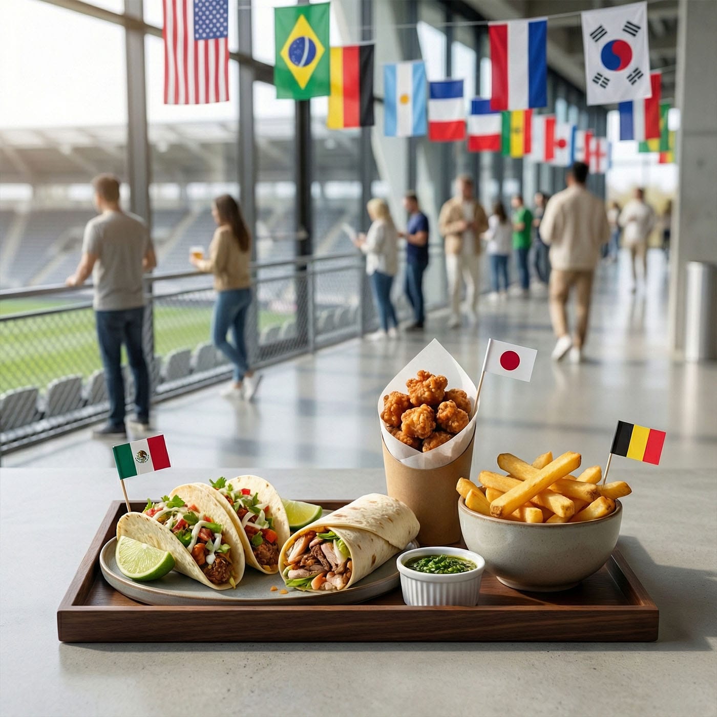 Late-night food service Street food vendors and open-air grills serving World Cup matchday crowds at night