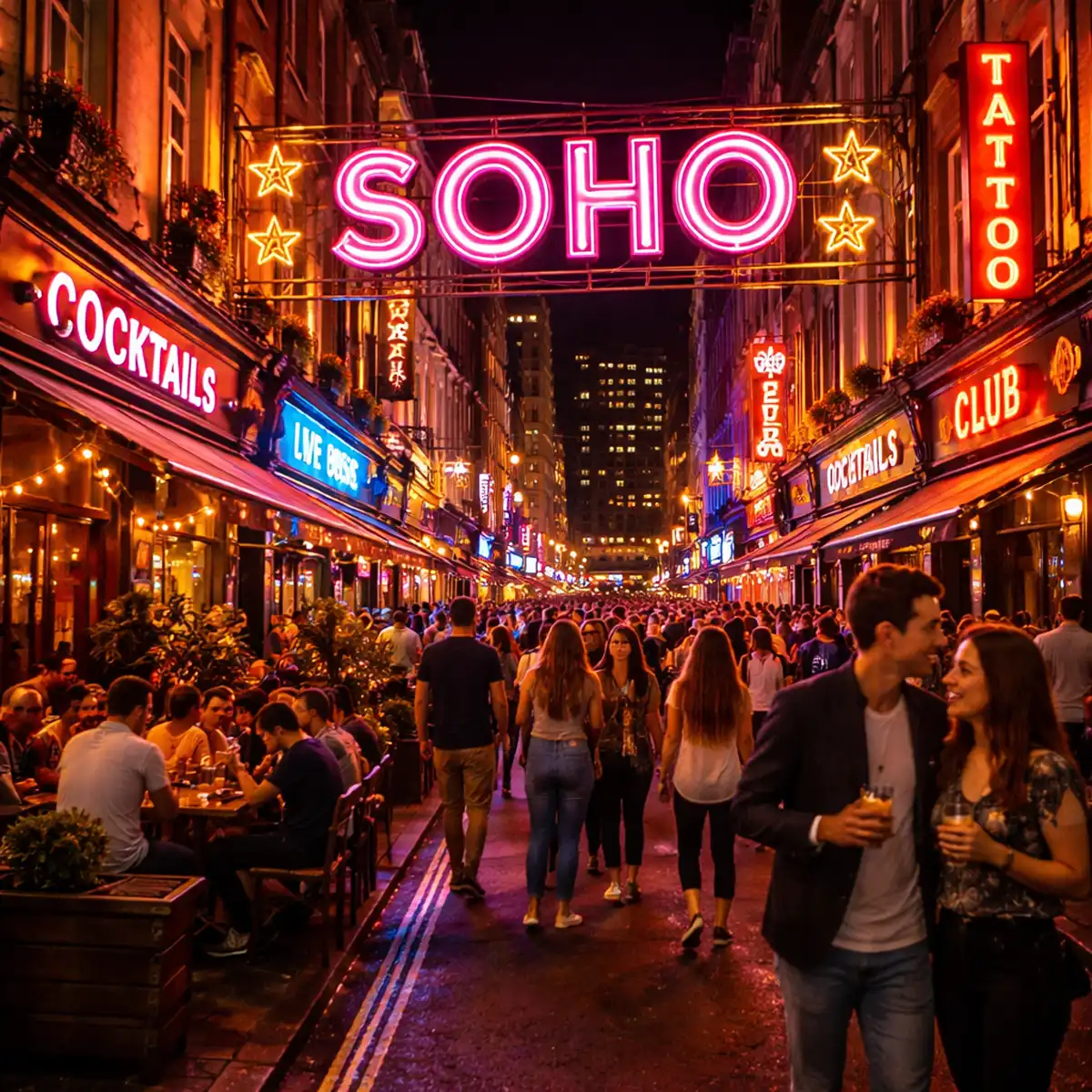 Vibrant Soho entertainment district with illuminated signs and active venues