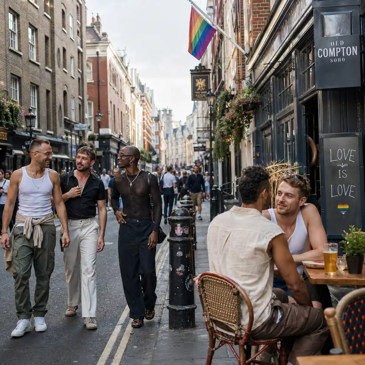 Old Compton Street Today Old Compton Street in Soho showing the enduring LGBTQ community presence despite venue closures across London