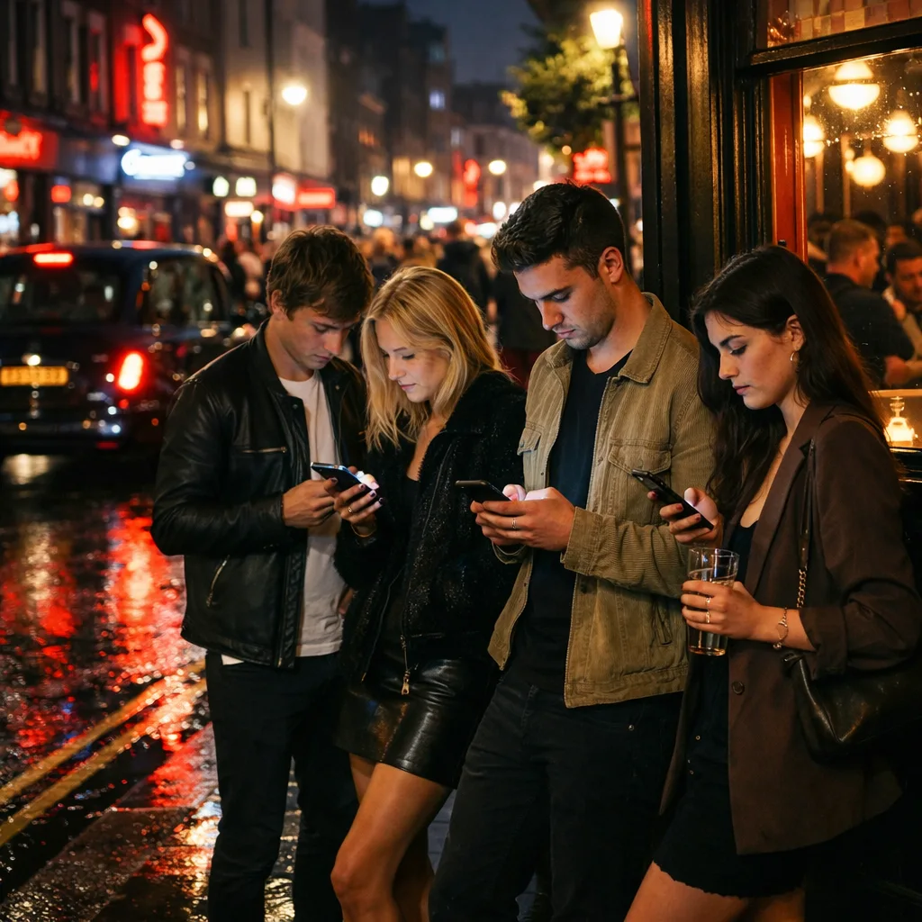 Late-night digital leisure in venues Soho pub-goers viewing phones at the bar during evening hours for entertainment