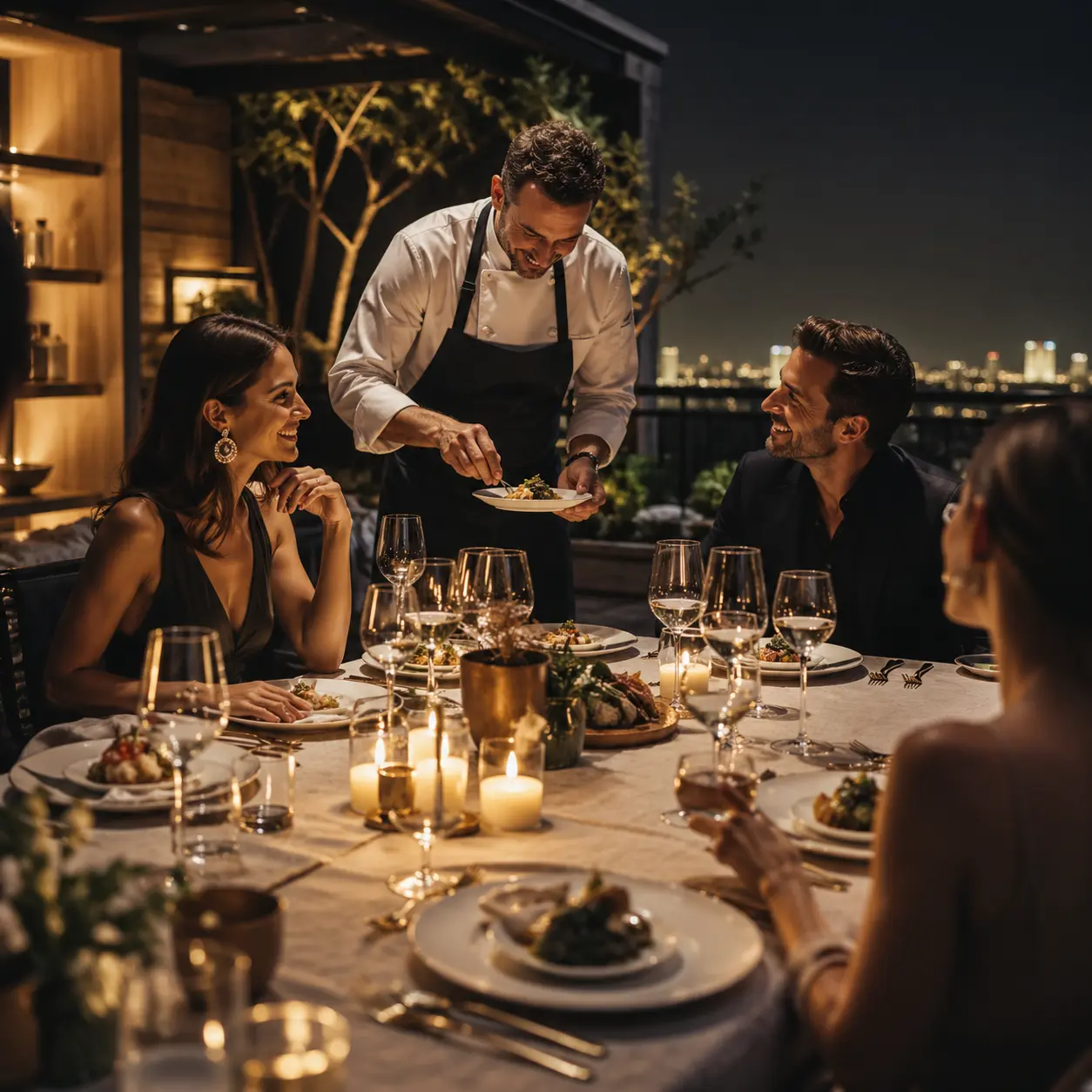 Elegant rooftop dinner setting showcasing luxury living with city skyline views and premium dining experience