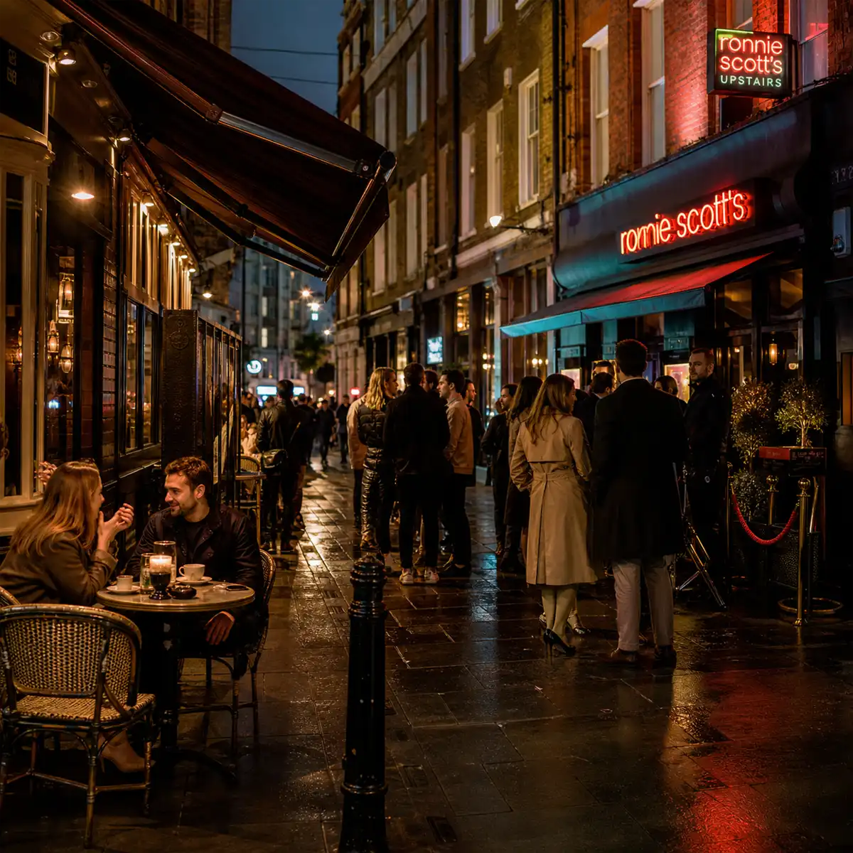 Soho Evening Entertainment Scene Soho nightlife district with illuminated venues and bustling street scene showcasing London's premier entertainment area