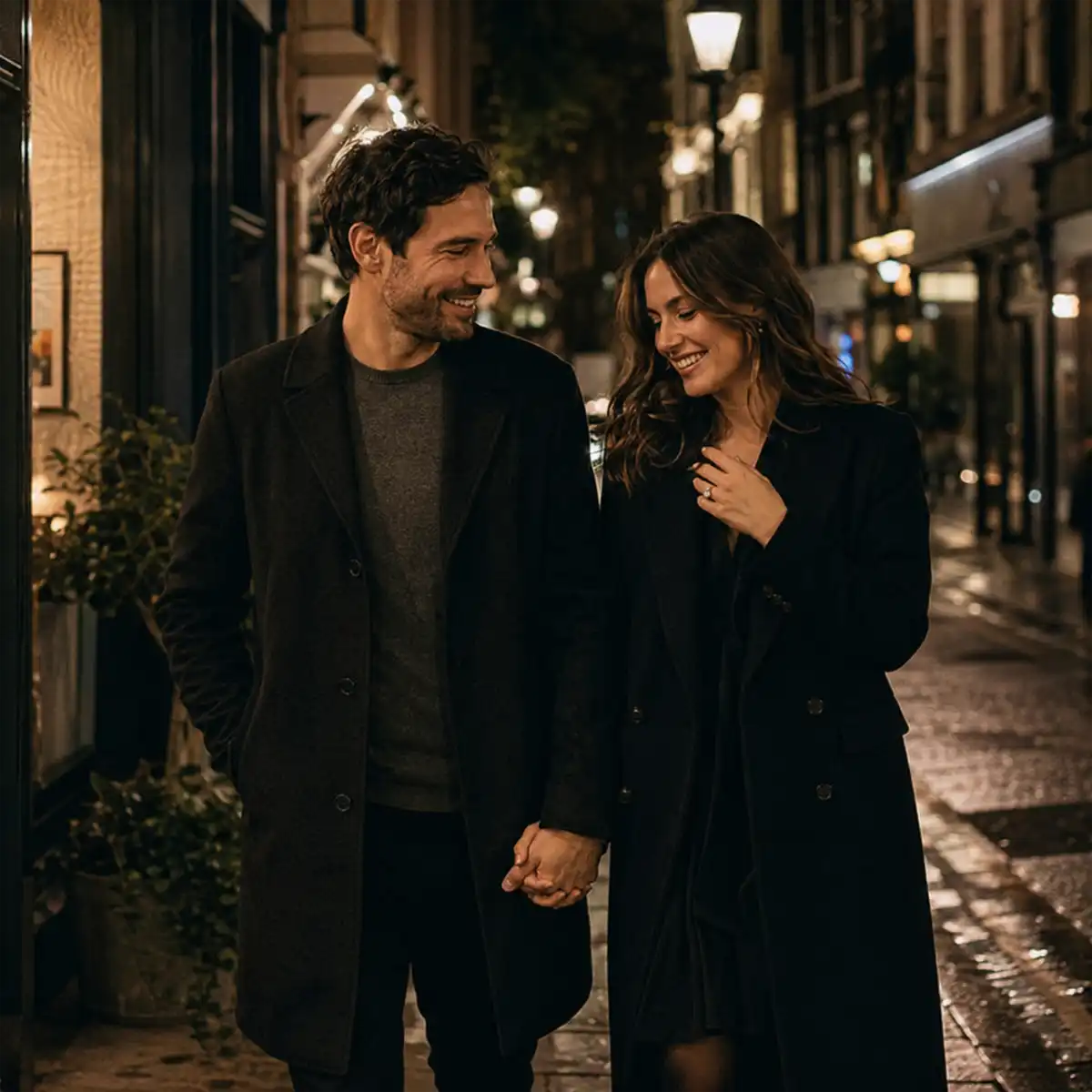 Soho Engagement Style Guide Stylish couple dressed for a Soho engagement evening, walking along atmospheric cobblestone streets with vintage lighting