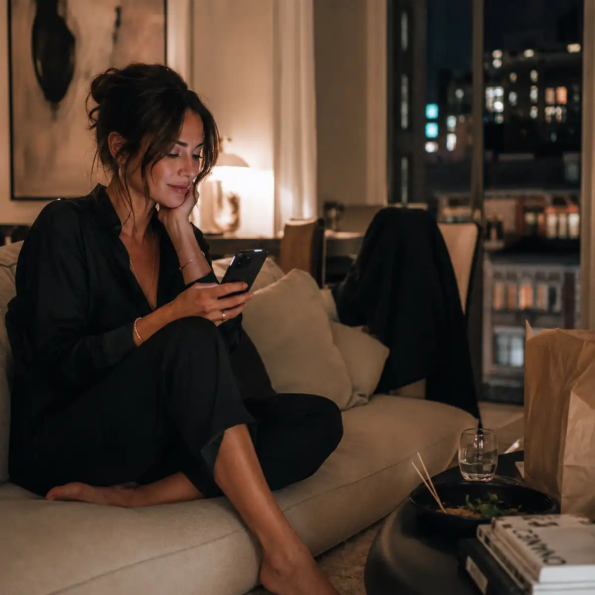 Modern Londoners using smartphones after midnight in Soho, blending traditional nightlife with digital companionship
