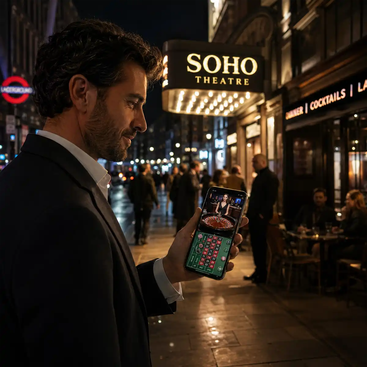 Live roulette playing on a phone on a Soho street at night, the online side of the Hippodrome name